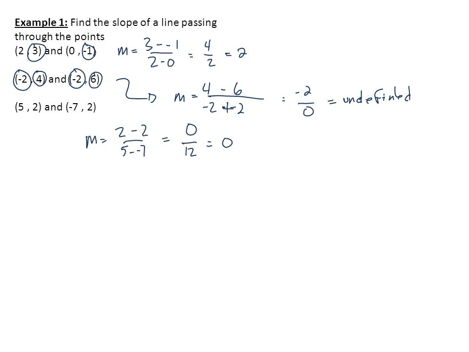Example 1: Find the slope of a line passing through the points (2, 3) and (0, -1) (-2, 4) and (-2, 6) (5, 2) and (-7, 2)
