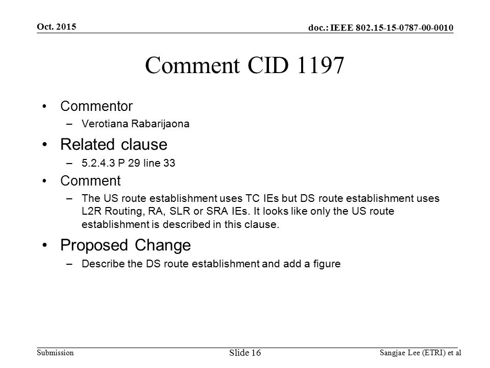 doc.: IEEE Submission Comment CID 1197 Commentor –Verotiana Rabarijaona Related clause – P 29 line 33 Comment –The US route establishment uses TC IEs but DS route establishment uses L2R Routing, RA, SLR or SRA IEs.