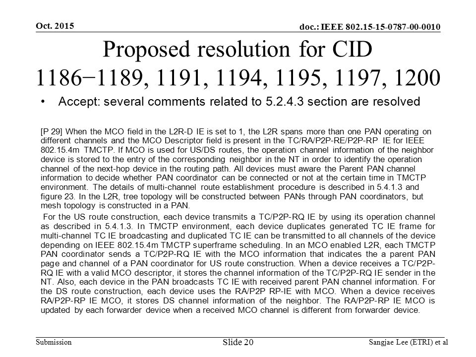 doc.: IEEE Submission Proposed resolution for CID 1186−1189, 1191, 1194, 1195, 1197, 1200 Accept: several comments related to section are resolved [P 29] When the MCO field in the L2R-D IE is set to 1, the L2R spans more than one PAN operating on different channels and the MCO Descriptor field is present in the TC/RA/P2P-RE/P2P-RP IE for IEEE m TMCTP.