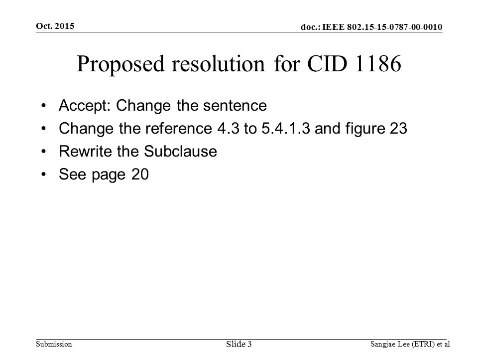 doc.: IEEE Submission Proposed resolution for CID 1186 Accept: Change the sentence Change the reference 4.3 to and figure 23 Rewrite the Subclause See page 20 Oct.