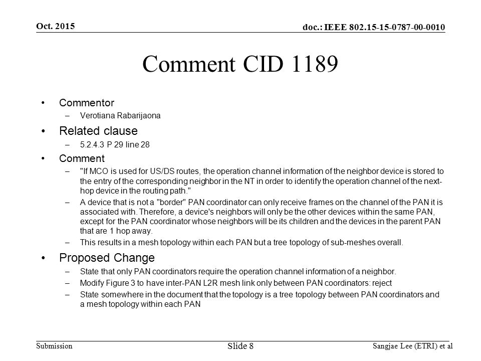 doc.: IEEE Submission Comment CID 1189 Commentor –Verotiana Rabarijaona Related clause – P 29 line 28 Comment – If MCO is used for US/DS routes, the operation channel information of the neighbor device is stored to the entry of the corresponding neighbor in the NT in order to identify the operation channel of the next- hop device in the routing path. –A device that is not a border PAN coordinator can only receive frames on the channel of the PAN it is associated with.