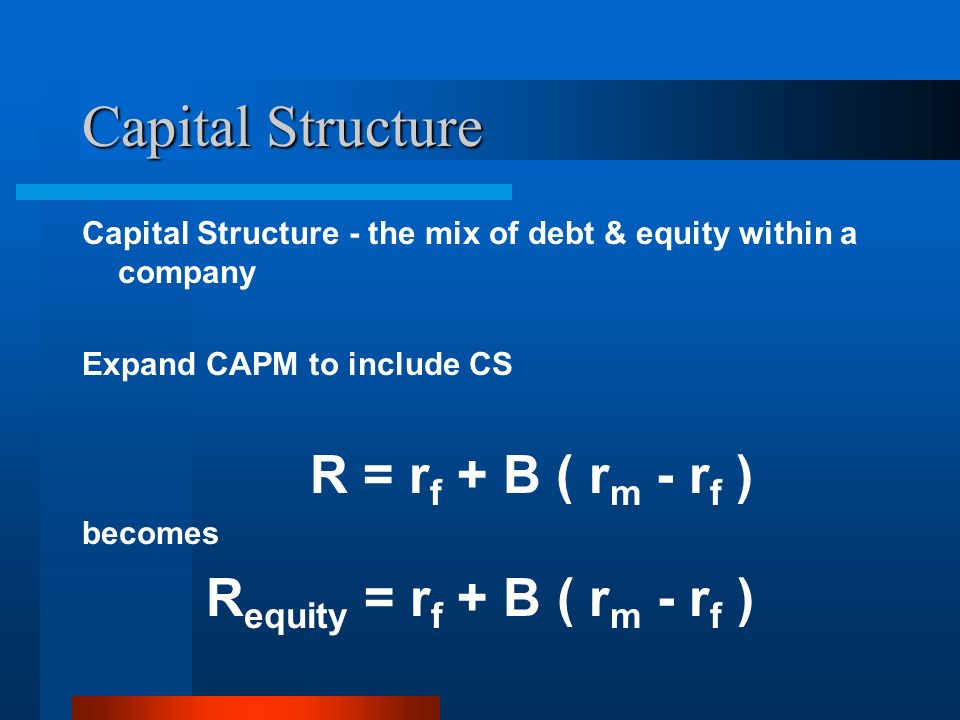 Capital Structure - the mix of debt & equity within a company Expand CAPM to include CS R = r f + B ( r m - r f ) becomes R equity = r f + B ( r m - r f ) Capital Structure