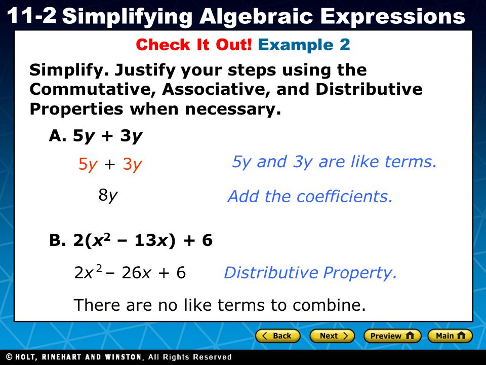Holt CA Course Simplifying Algebraic Expressions Check It Out.