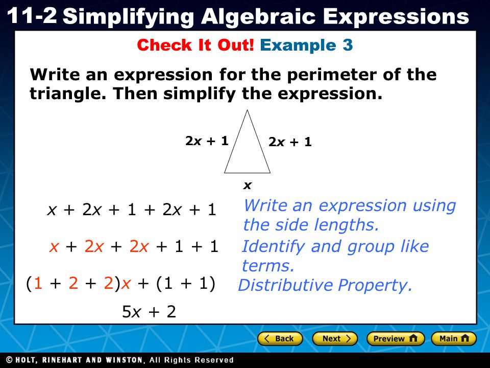 Holt CA Course Simplifying Algebraic Expressions Check It Out.