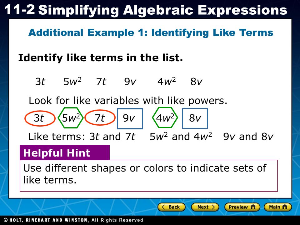 Holt CA Course Simplifying Algebraic Expressions Identify like terms in the list.