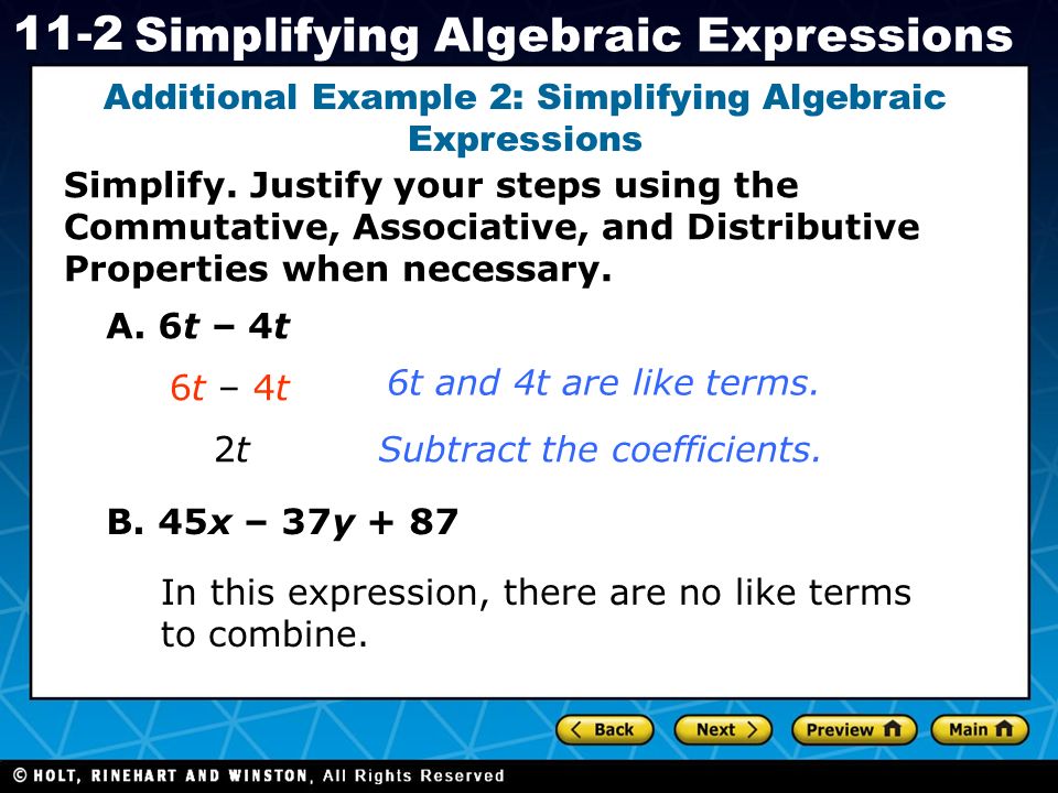 Holt CA Course Simplifying Algebraic Expressions Simplify.