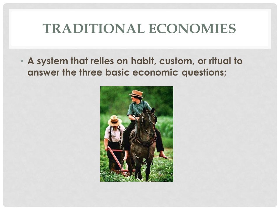 TRADITIONAL ECONOMIES A system that relies on habit, custom, or ritual to answer the three basic economic questions;