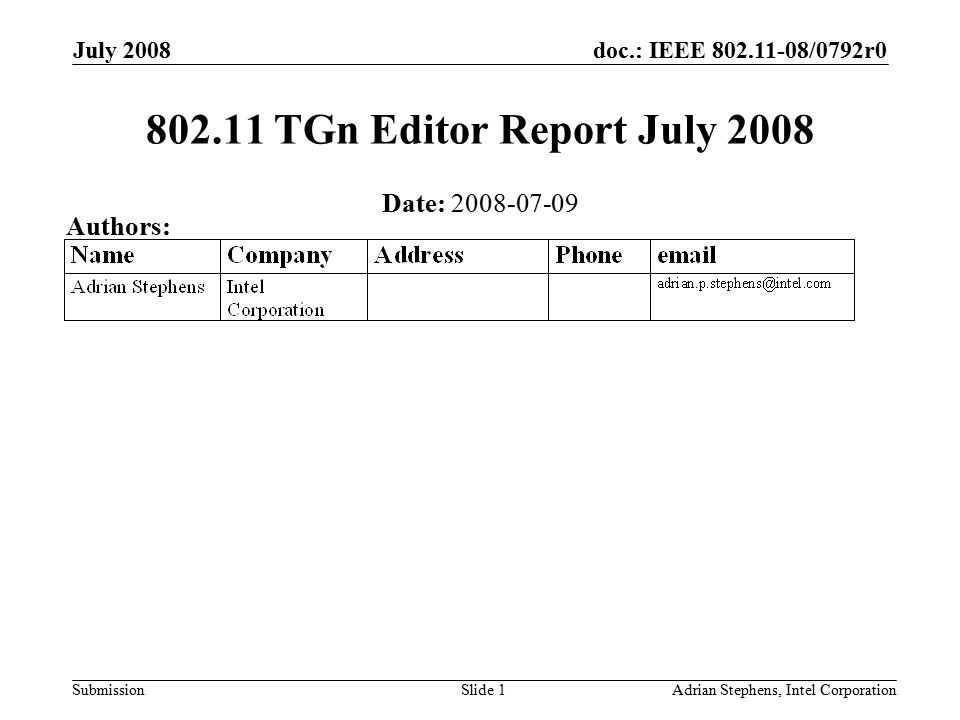 doc.: IEEE /0792r0 Submission July 2008 Adrian Stephens, Intel CorporationSlide TGn Editor Report July 2008 Date: Authors: