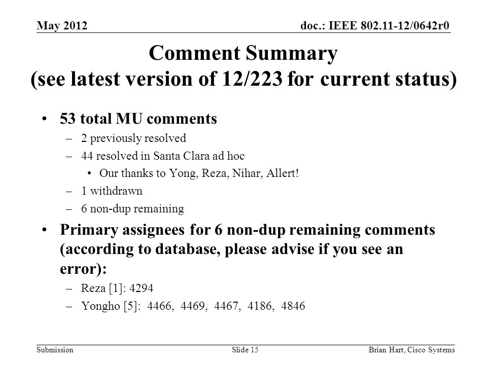 doc.: IEEE /0642r0 Submission Comment Summary (see latest version of 12/223 for current status) 53 total MU comments –2 previously resolved –44 resolved in Santa Clara ad hoc Our thanks to Yong, Reza, Nihar, Allert.