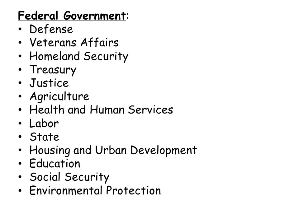 Federal Government: Defense Veterans Affairs Homeland Security Treasury Justice Agriculture Health and Human Services Labor State Housing and Urban Development Education Social Security Environmental Protection