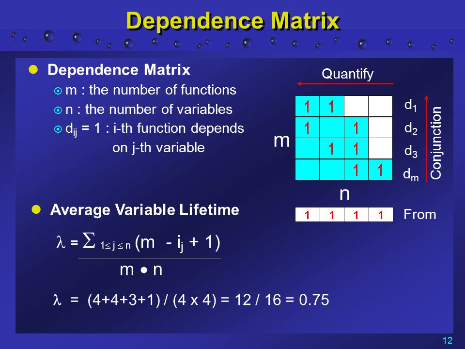 12 Dependence Matrix  m : the number of functions  n : the number of variables  d ij = 1 : i-th function depends on j-th variable n m = ( ) / (4 x 4) = 12 / 16 = 0.75 d1d2d3dmd1d2d3dm Quantify Conjunction From Average Variable Lifetime =  1  j  n (m - i j + 1) m  n