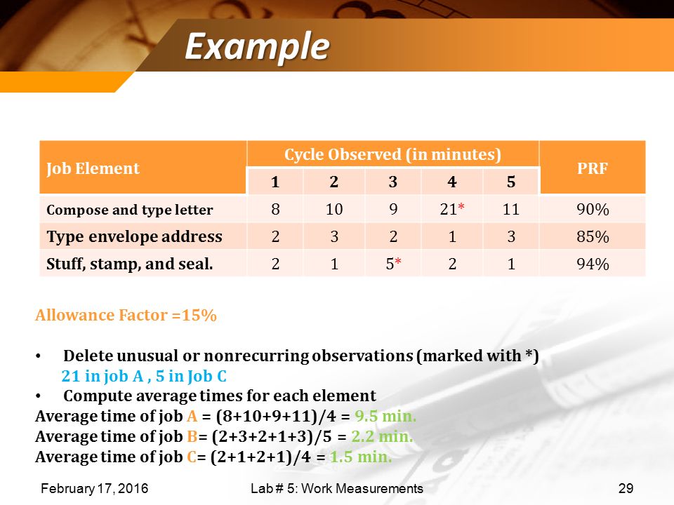 Example February 17, Lab # 5: Work Measurements Job Element Cycle Observed (in minutes) PRF Compose and type letter *1190% Type envelope address % Stuff, stamp, and seal.215*5*2194% Allowance Factor =15% Delete unusual or nonrecurring observations (marked with *) 21 in job A, 5 in Job C Compute average times for each element Average time of job A = ( )/4 = 9.5 min.
