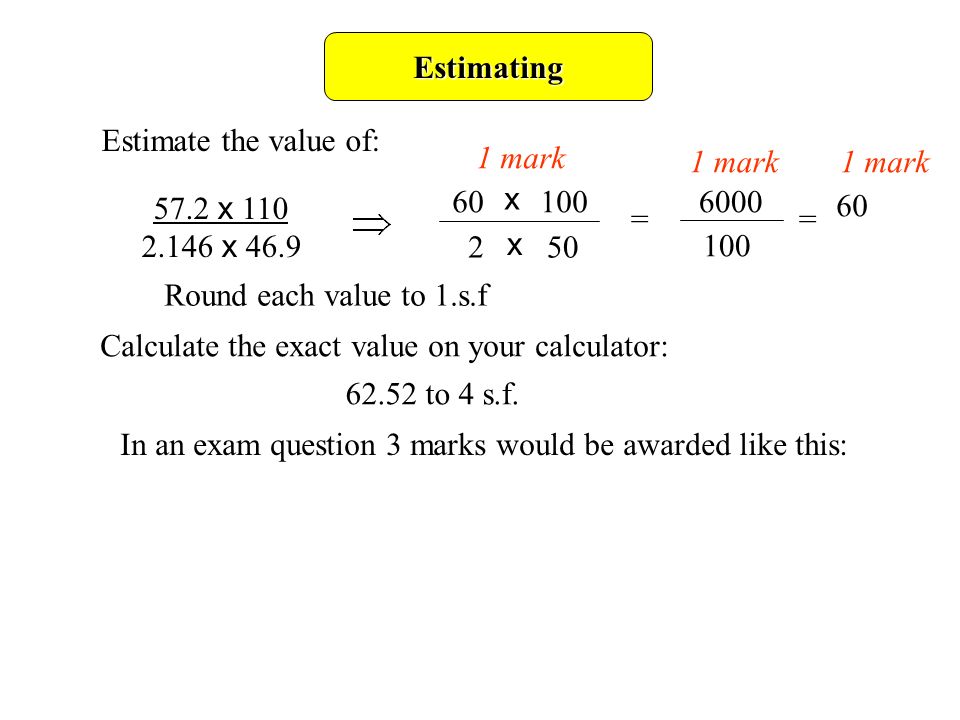Estimating Estimate the value of: 57.2 x x x x == 60 Calculate the exact value on your calculator: to 4 s.f.