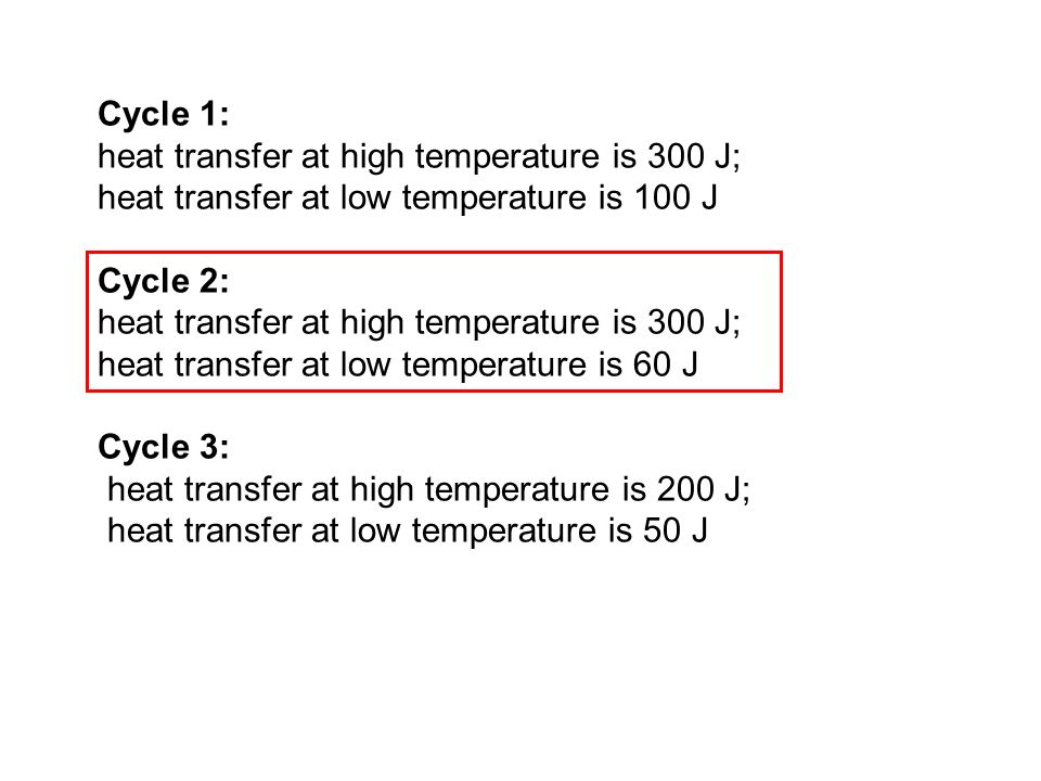 Cycle 1: heat transfer at high temperature is 300 J; heat transfer at low temperature is 100 J Cycle 2: heat transfer at high temperature is 300 J; heat transfer at low temperature is 60 J Cycle 3: heat transfer at high temperature is 200 J; heat transfer at low temperature is 50 J