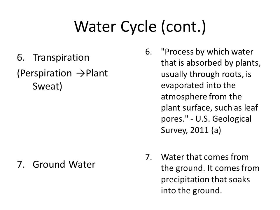 Water Cycle (cont.) 6.Transpiration (Perspiration →Plant Sweat) 7.Ground Water 6. Process by which water that is absorbed by plants, usually through roots, is evaporated into the atmosphere from the plant surface, such as leaf pores. - U.S.