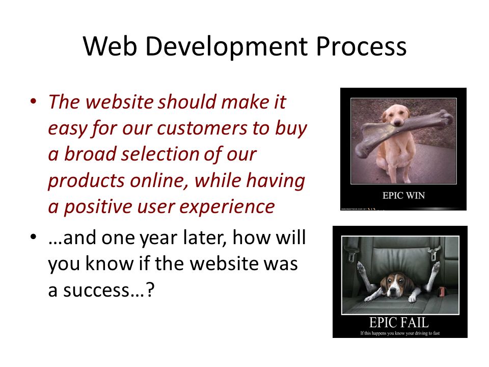 Web Development Process The website should make it easy for our customers to buy a broad selection of our products online, while having a positive user experience …and one year later, how will you know if the website was a success…