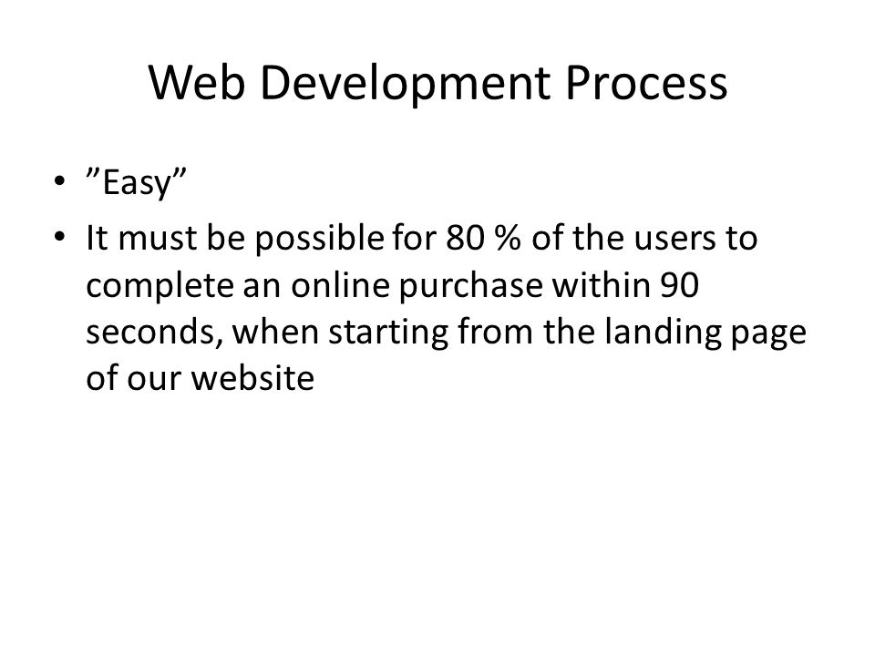 Web Development Process Easy It must be possible for 80 % of the users to complete an online purchase within 90 seconds, when starting from the landing page of our website