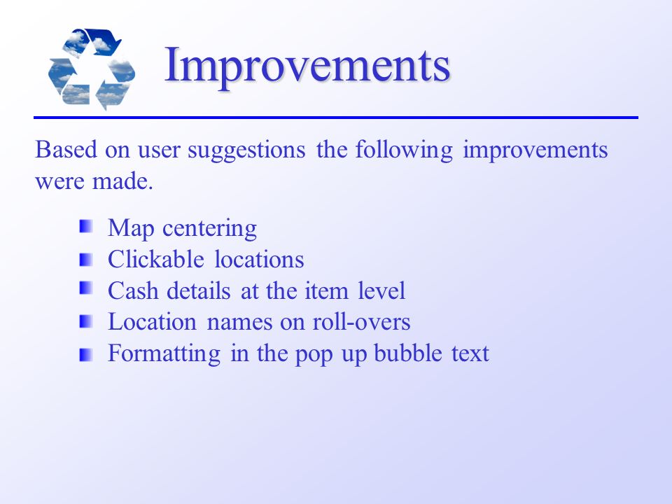 Improvements Based on user suggestions the following improvements were made.