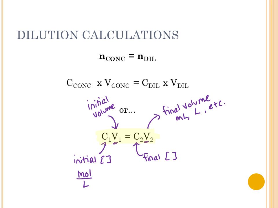 Dilution Calculations Molarity Of Mixture Total Moles Of Chemical In Which We Are Interested Total Volume Of Mixture Dilute Solution A Solution With Ppt Download