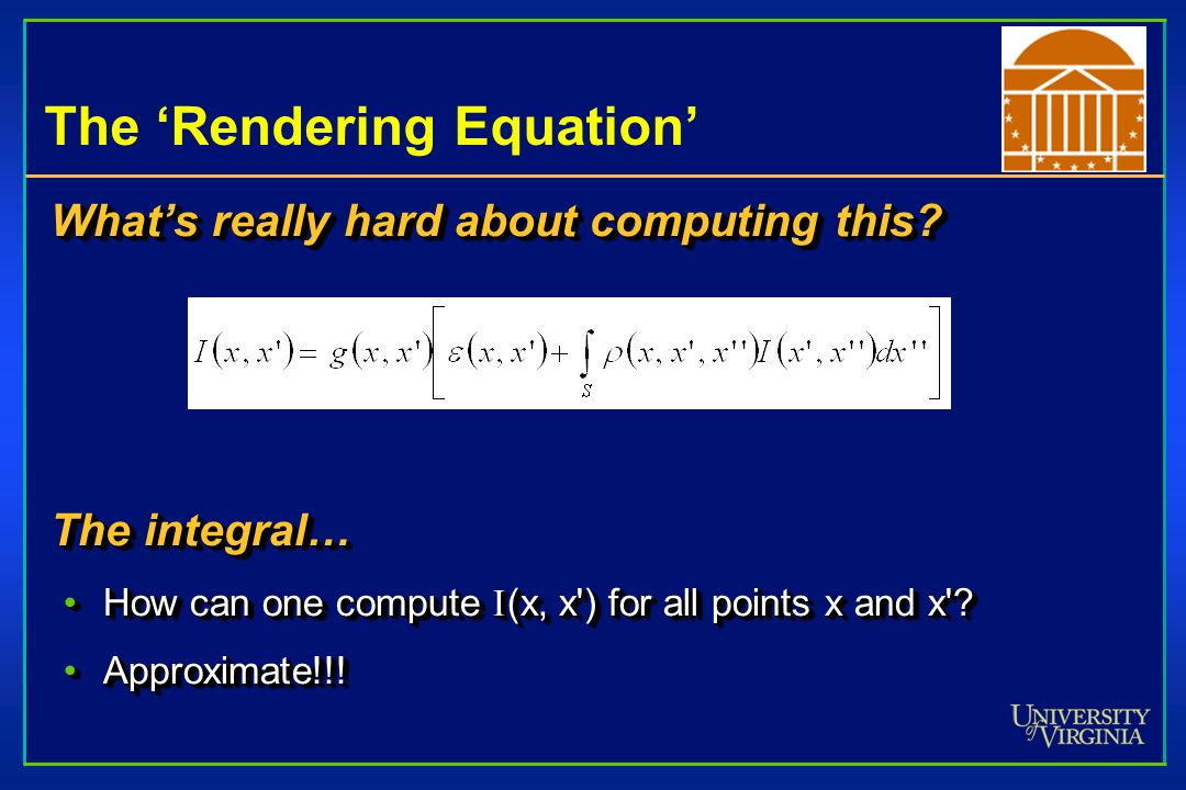 The ‘Rendering Equation’ What’s really hard about computing this.