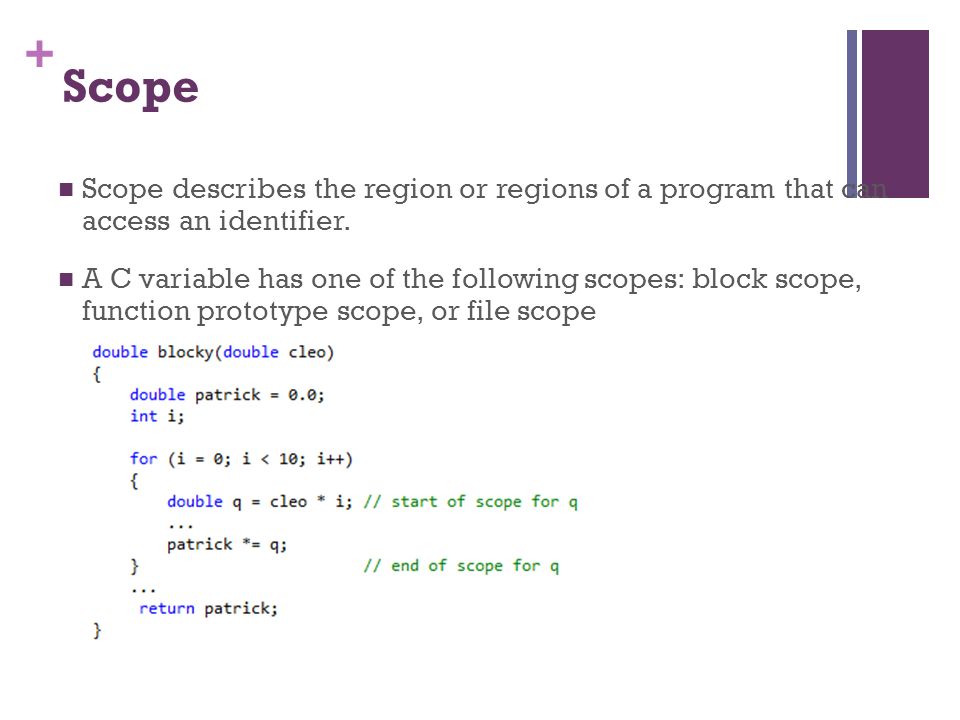 Storage Classes and Linkage. + Introduction Scope describe the region or  regions of a program that can access and identifier Variables can be  shared. - ppt download