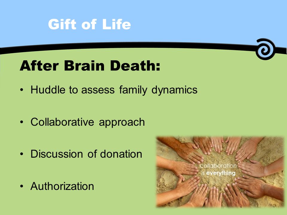 Gift of Life After Brain Death: Huddle to assess family dynamics Collaborative approach Discussion of donation Authorization