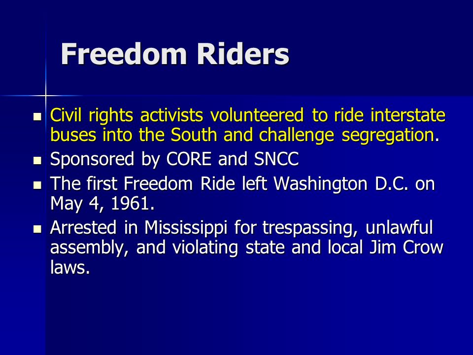 Bell Quiz (pgs. 710 – 716) 1) What was the purpose of the Freedom Riders? Riders? 2) In what city was the first freedom riders bus attacked? 3) What year. - ppt download