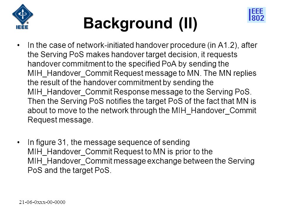 xxx Background (II) In the case of network-initiated handover procedure (in A1.2), after the Serving PoS makes handover target decision, it requests handover commitment to the specified PoA by sending the MIH_Handover_Commit Request message to MN.