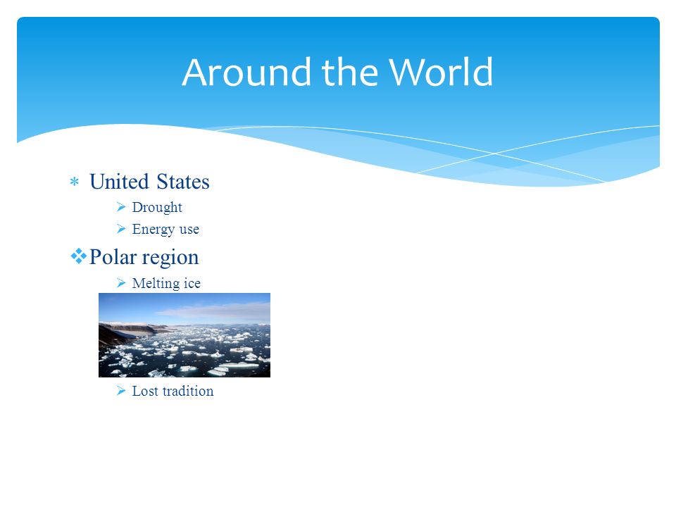  United States  Drought  Energy use  Polar region  Melting ice  Lost tradition Around the World