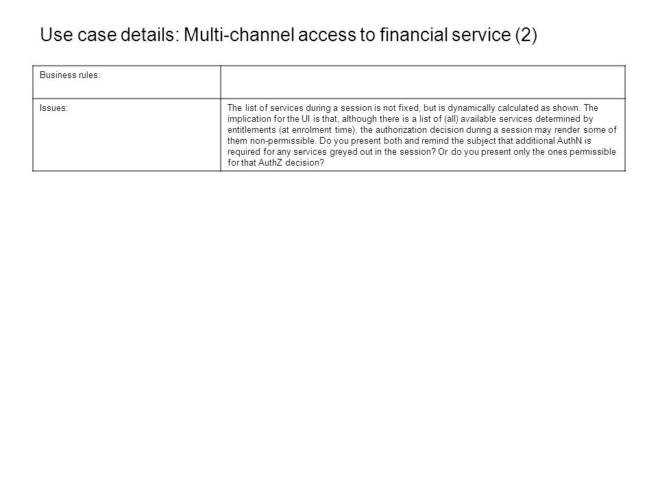 Use case details: Multi-channel access to financial service (2) Business rules: Issues:The list of services during a session is not fixed, but is dynamically calculated as shown.