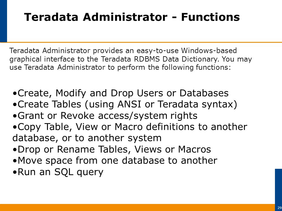 Introduction to Teradata Client Tools. 2 Introduction to Teradata SQL   OBJECTIVES :  Teradata Product Components.  Accessing Teradata – Database  / - ppt download
