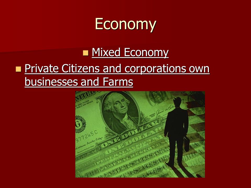 Economy Mixed Economy Mixed Economy Private Citizens and corporations own businesses and Farms Private Citizens and corporations own businesses and Farms