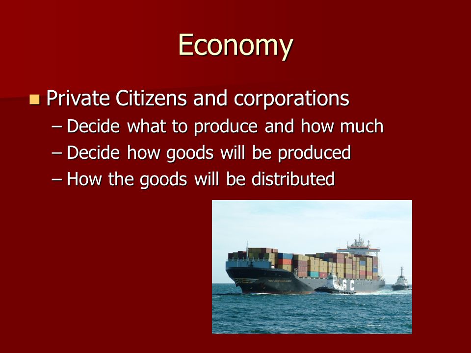 Economy Private Citizens and corporations Private Citizens and corporations –Decide what to produce and how much –Decide how goods will be produced –How the goods will be distributed