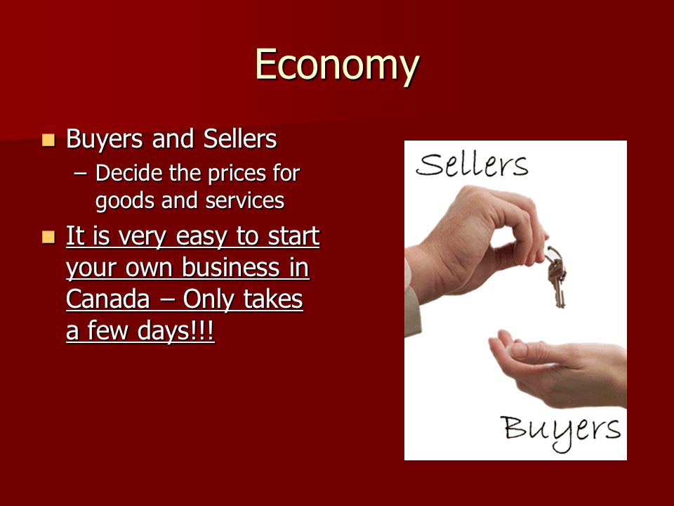 Economy Buyers and Sellers Buyers and Sellers –Decide the prices for goods and services It is very easy to start your own business in Canada – Only takes a few days!!.