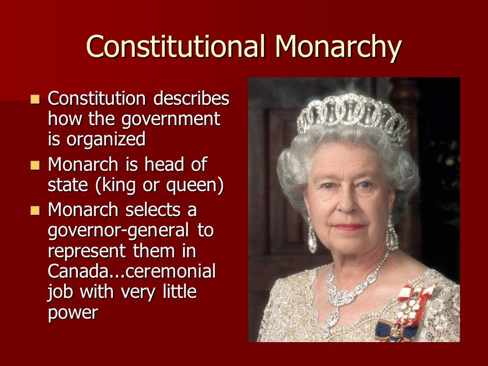 Constitutional Monarchy Constitution describes how the government is organized Constitution describes how the government is organized Monarch is head of state (king or queen) Monarch is head of state (king or queen) Monarch selects a governor-general to represent them in Canada...ceremonial job with very little power Monarch selects a governor-general to represent them in Canada...ceremonial job with very little power