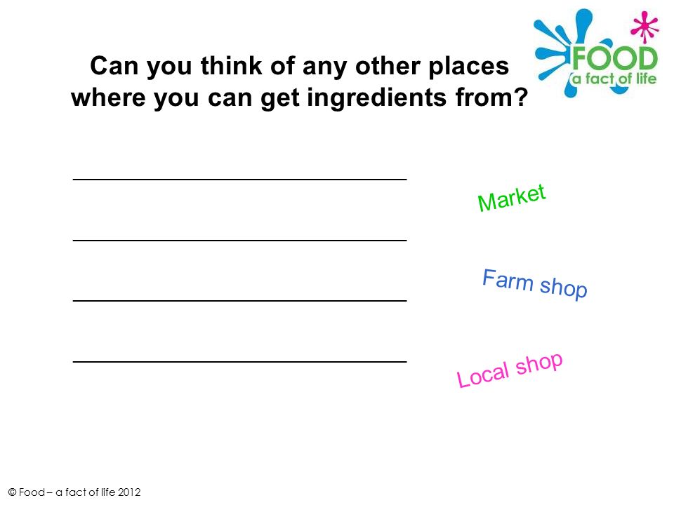 © Food – a fact of life 2012 Can you think of any other places where you can get ingredients from.