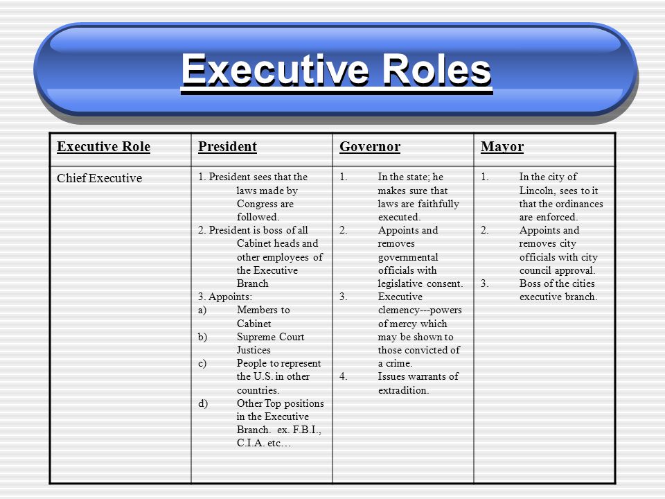 Executive Roles Executive Rolepresidentgovernormayor Chief