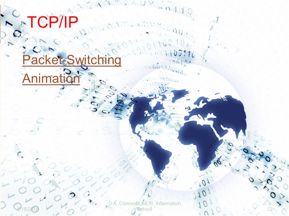 TCP/IP Packet-Switching Animation 22 2/18/2016 D.A. Clements, MLIS, Information School
