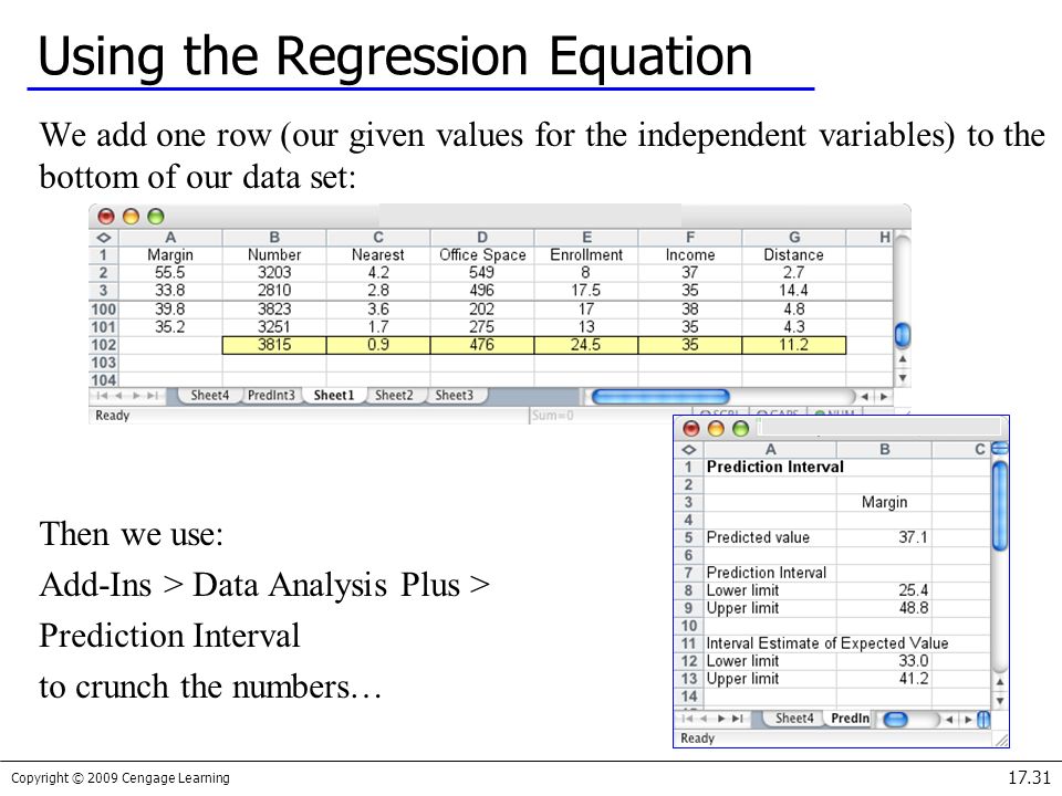 Copyright © 2009 Cengage Learning Using the Regression Equation We add one row (our given values for the independent variables) to the bottom of our data set: Then we use: Add-Ins > Data Analysis Plus > Prediction Interval to crunch the numbers…
