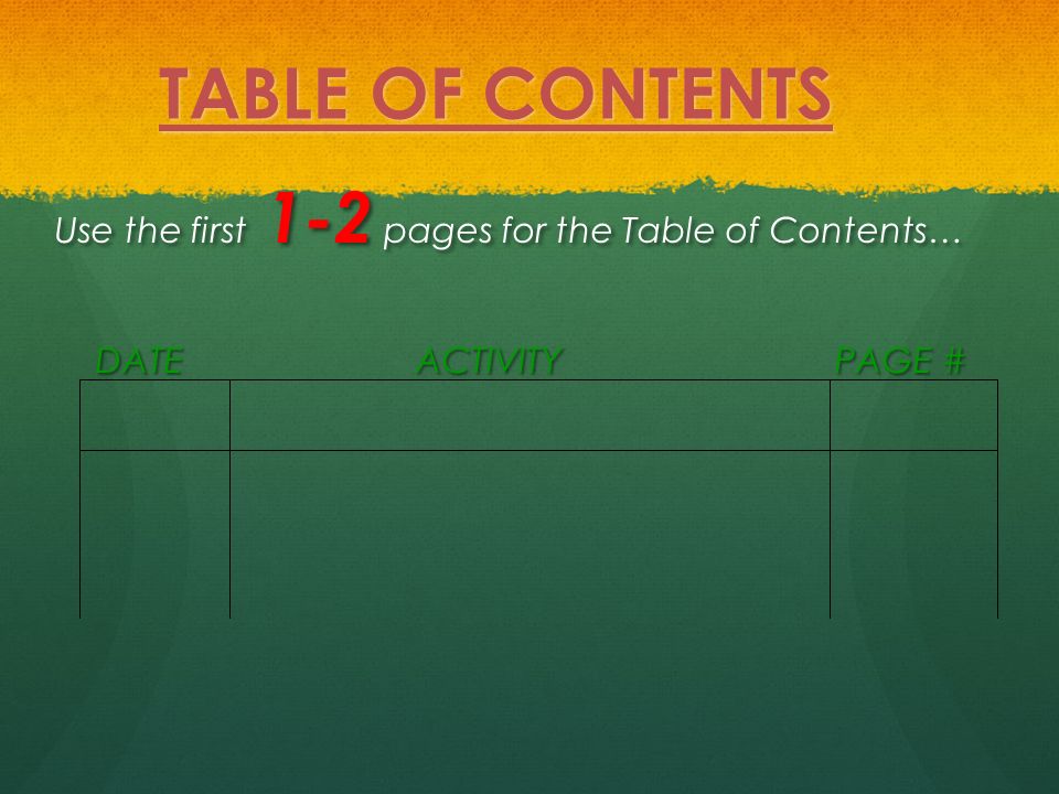 TABLE OF CONTENTS Use the first 1-2 pages for the Table of Contents… DATE ACTIVITY PAGE #