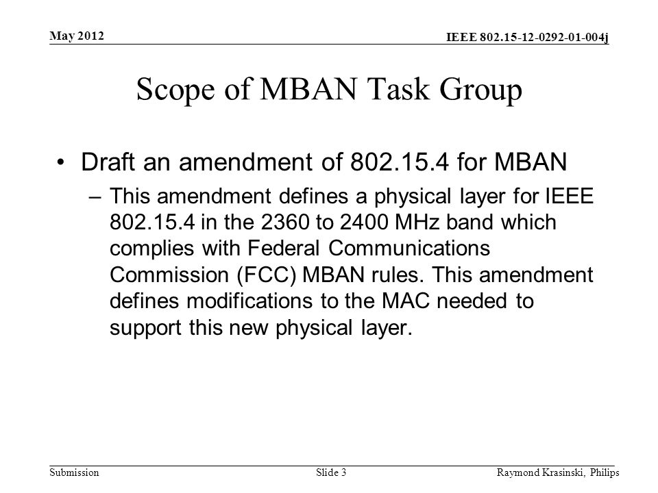IEEE j Submission Scope of MBAN Task Group Draft an amendment of for MBAN –This amendment defines a physical layer for IEEE in the 2360 to 2400 MHz band which complies with Federal Communications Commission (FCC) MBAN rules.