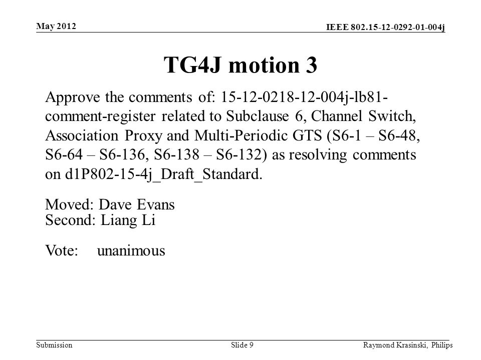 IEEE j Submission TG4J motion 3 Slide 9 Approve the comments of: j-lb81- comment-register related to Subclause 6, Channel Switch, Association Proxy and Multi-Periodic GTS (S6-1 – S6-48, S6-64 – S6-136, S6-138 – S6-132) as resolving comments on d1P j_Draft_Standard.