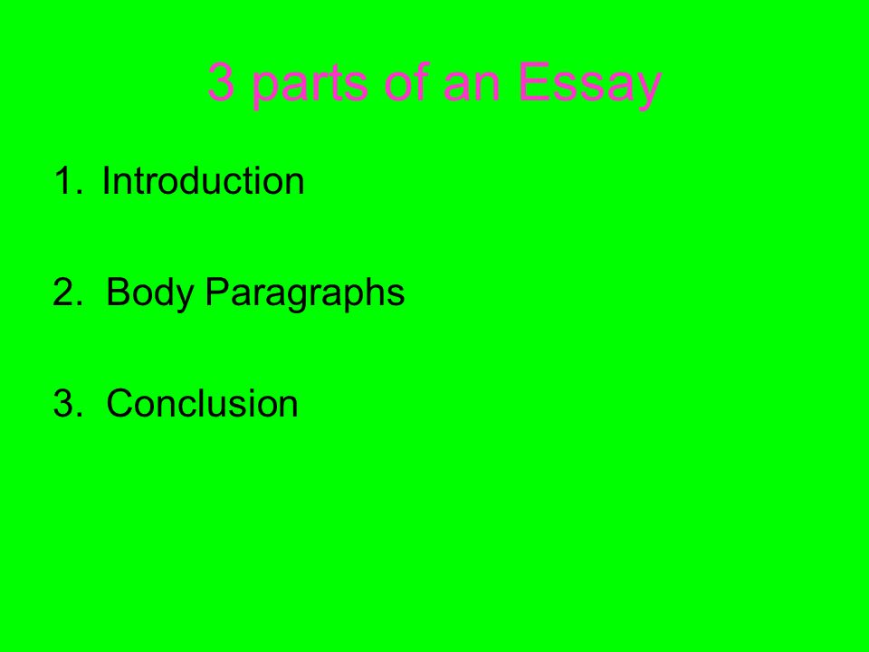 3 parts of an Essay 1.Introduction 2. Body Paragraphs 3. Conclusion