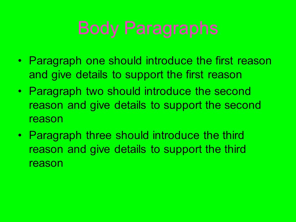 Body Paragraphs Paragraph one should introduce the first reason and give details to support the first reason Paragraph two should introduce the second reason and give details to support the second reason Paragraph three should introduce the third reason and give details to support the third reason