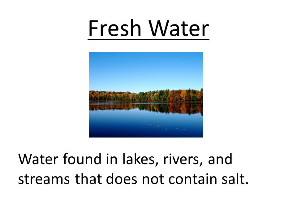 Fresh Water Water found in lakes, rivers, and streams that does not contain salt.