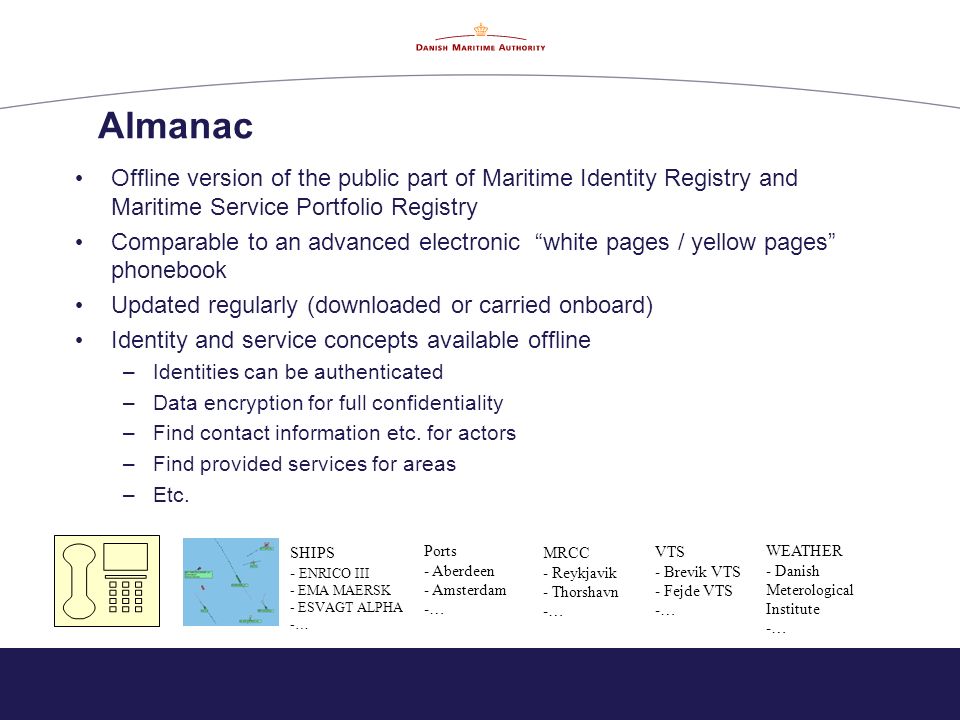 Almanac Offline version of the public part of Maritime Identity Registry and Maritime Service Portfolio Registry Comparable to an advanced electronic white pages / yellow pages phonebook Updated regularly (downloaded or carried onboard) Identity and service concepts available offline –Identities can be authenticated –Data encryption for full confidentiality –Find contact information etc.