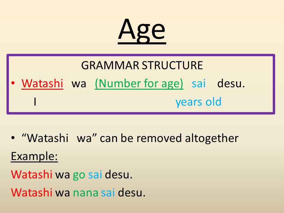 Age. GRAMMAR STRUCTURE Watashi wa (Number for age) sai desu. I years old “ Watashi wa” can be removed altogether Example: Watashi wa go sai desu.  Watashi. - ppt download