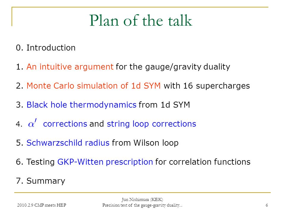 CMP meets HEP Jun Nishimura (KEK) Precision test of the gauge-gravity duality...