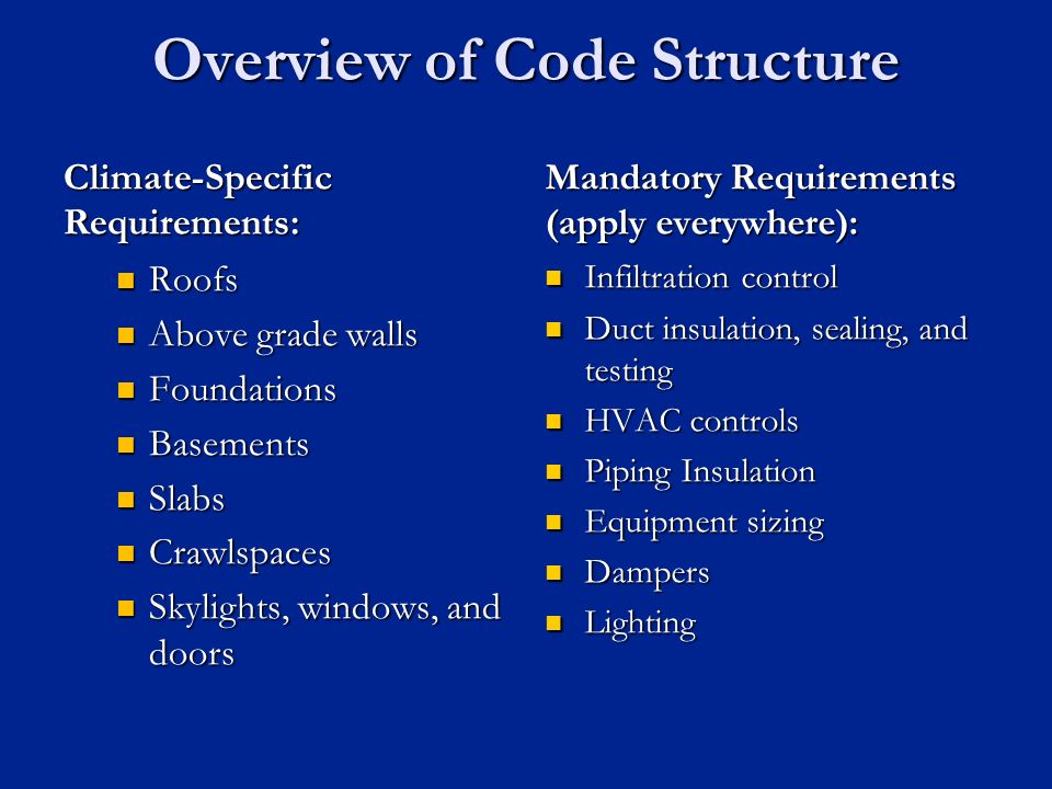 Overview of Code Structure Climate-Specific Requirements: Roofs Above grade walls Foundations Basements Slabs Crawlspaces Skylights, windows, and doors Mandatory Requirements (apply everywhere): Infiltration control Duct insulation, sealing, and testing HVAC controls Piping Insulation Equipment sizing Dampers Lighting