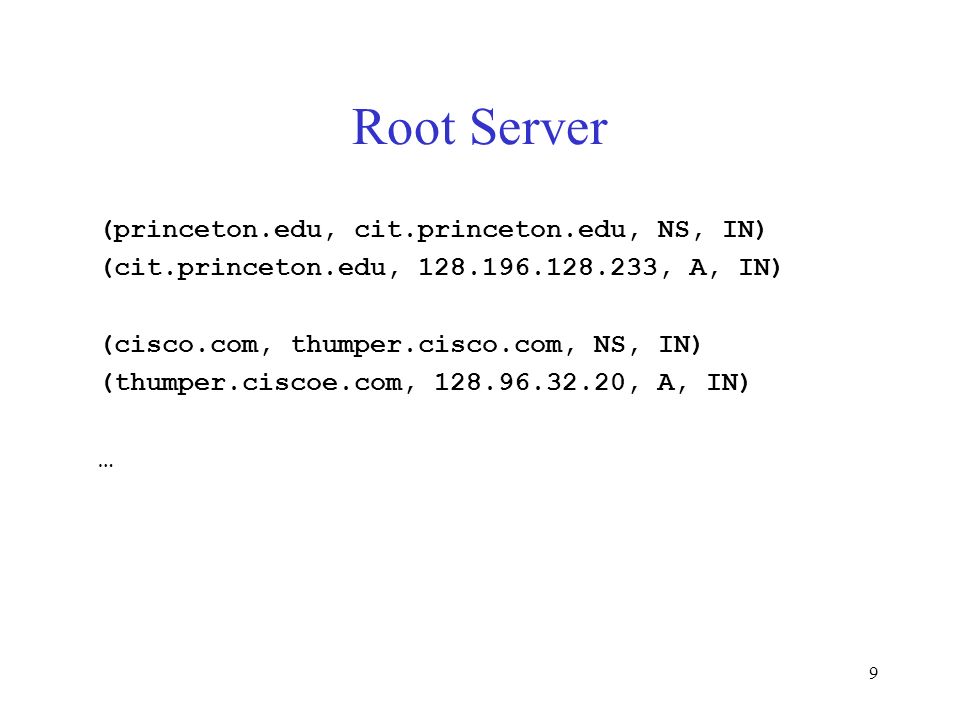9 Root Server (princeton.edu, cit.princeton.edu, NS, IN) (cit.princeton.edu, , A, IN) (cisco.com, thumper.cisco.com, NS, IN) (thumper.ciscoe.com, , A, IN) …